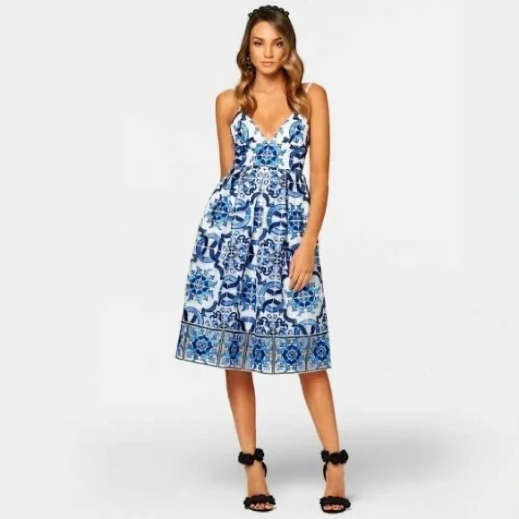 KOOKAI Donatella White Blue Embroidered Cocktail Midi Dress - Picture 6 of 15